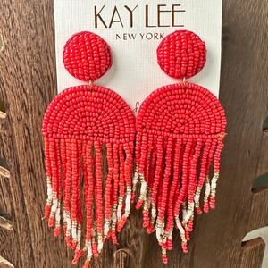 NWT Kay Lee Seed Beaded Southwestern‎ Boho Red Earrings Handmade